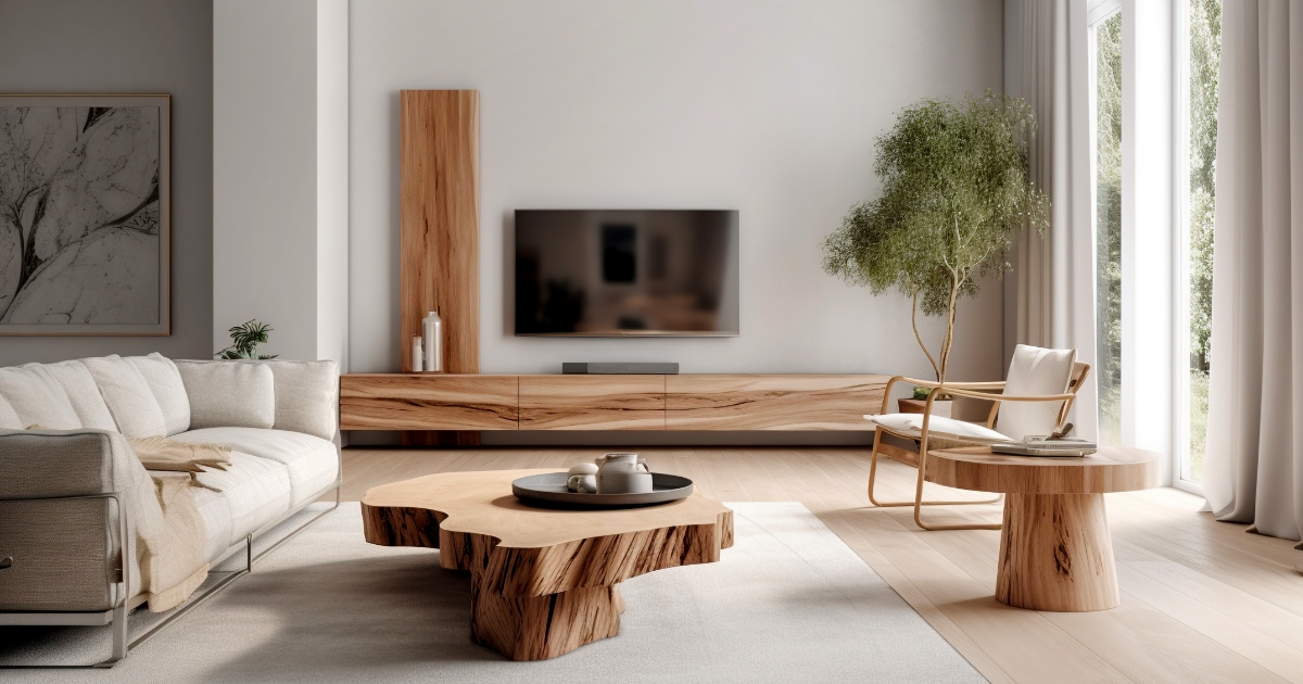 木の温もりを感じられる家具が置かれたリビングの壁掛けテレビ